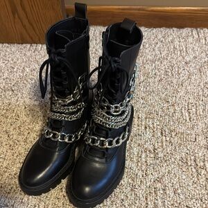 Zara Black and Silver Combat Boots with Chain Accents
